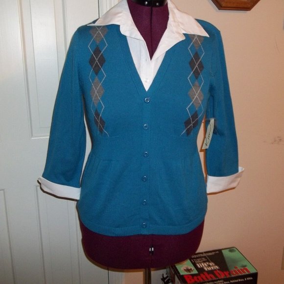 KIM ROGERS LADIES SIZE S. TEAL BLUE PULLOVER 2 IN 1 LAYERED SWEATER.  3/4 SLEEVE - Picture 1 of 3